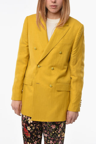 Linen-blend Double-breasted Blazer in Herringbone Motif