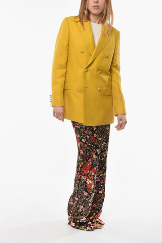 Linen-blend Double-breasted Blazer in Herringbone Motif