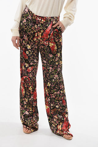 Viscose-satin Wide-leg Pants in Floral Motif