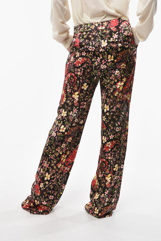 Viscose-satin Wide-leg Pants in Floral Motif