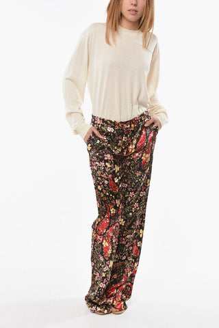 Viscose-satin Wide-leg Pants in Floral Motif