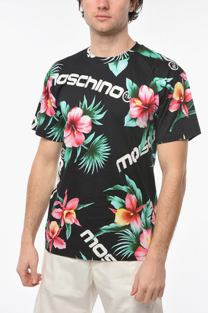 COUTURE ! Crew-neck T-shirt with Floral Print and Lettering Allover