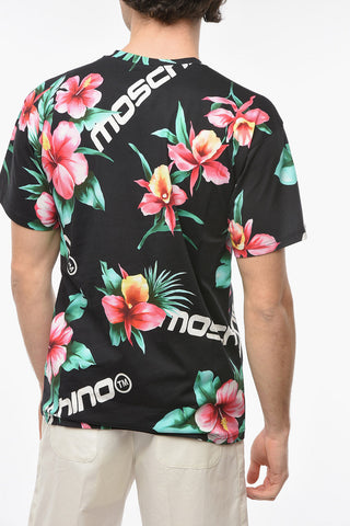 COUTURE ! Crew-neck T-shirt with Floral Print and Lettering Allover