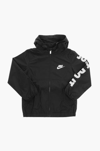 Side Logo Printed Windbreaker Jacket with Hood