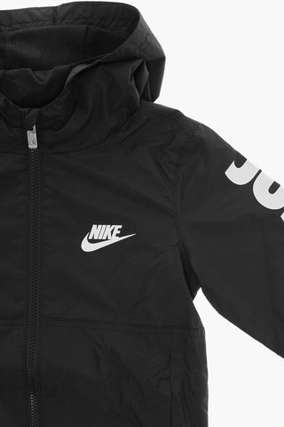 Side Logo Printed Windbreaker Jacket with Hood