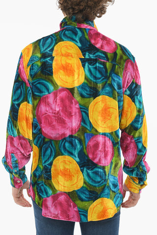 Velvet Multicolor Shirt with Chest Pocket and Pointed Collar