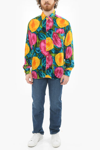 Velvet Multicolor Shirt with Chest Pocket and Pointed Collar