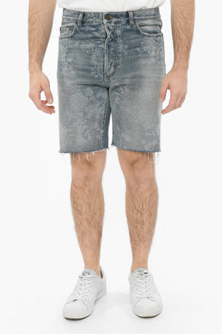Denim Fringed Shorts with Floral Motif