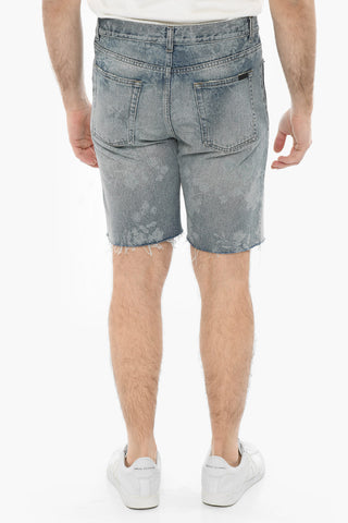 Denim Fringed Shorts with Floral Motif