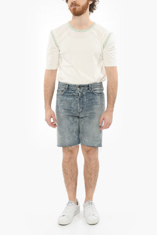 Denim Fringed Shorts with Floral Motif