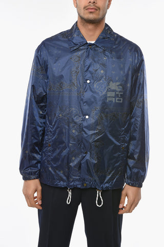 Drawstringed Windbreaker Jacket with Paisley Pattern and Lettering