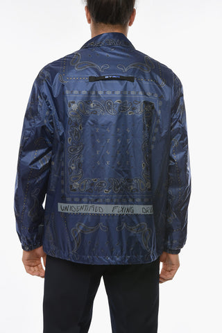 Drawstringed Windbreaker Jacket with Paisley Pattern and Lettering
