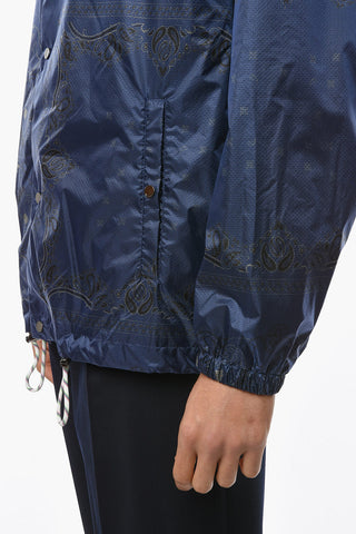 Drawstringed Windbreaker Jacket with Paisley Pattern and Lettering