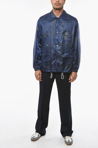 Drawstringed Windbreaker Jacket with Paisley Pattern and Lettering