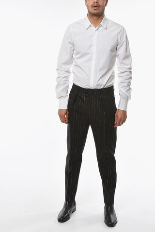 Lurex-pinstriped Tailored Pants with Double-pleat