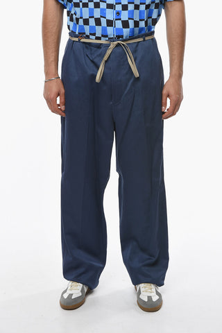 COUTURE Pantaloni Wide-leg in Twill di Cotone e Canapa con Coulisse in Vita