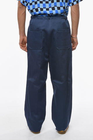 COUTURE Pantaloni Wide-leg in Twill di Cotone e Canapa con Coulisse in Vita