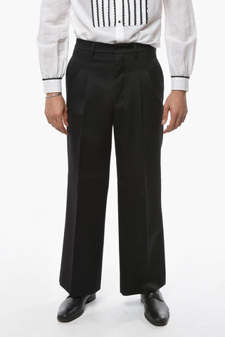 Virgin-wool-twill Wide-leg Pants with Double-pleat
