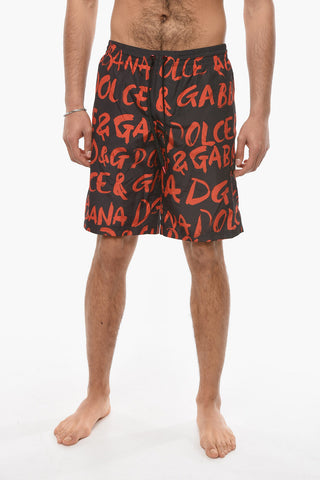 Printed Allover Logo Swim Shorts With Drawstrtings