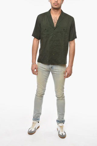 Silk-blend-Voile Short-sleeved Shirt with Unbalanced-stripe Motif