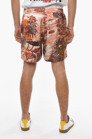 Printed Silk-satin HAWAIIAN Shorts with Elastic Waist-band