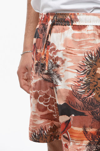 Printed Silk-satin HAWAIIAN Shorts with Elastic Waist-band