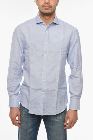 Linen-blend Slim-fitting Shirt in Awning-stripe Motif