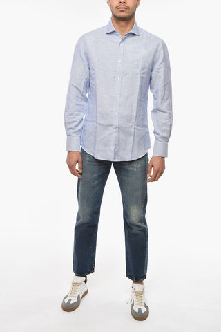 Linen-blend Slim-fitting Shirt in Awning-stripe Motif