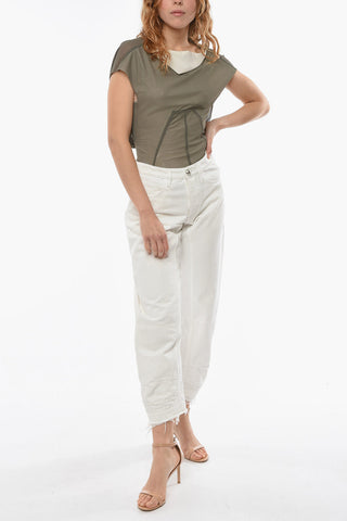 Low-waisted Frayed Denims with Metal Button 19cm