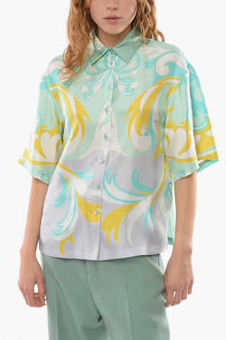Short-sleeved Plant Motif Silk Shirt