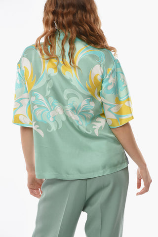 Short-sleeved Plant Motif Silk Shirt