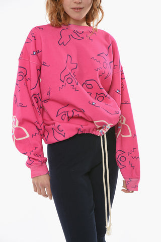 Fleeced-cotton MUZA Crewneck Sweatshirt with Waist-drawstring