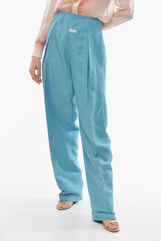 Linen Silk High-waisted Wide-leg Pants with Single Pleat