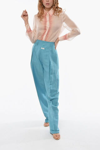 Linen Silk High-waisted Wide-leg Pants with Single Pleat