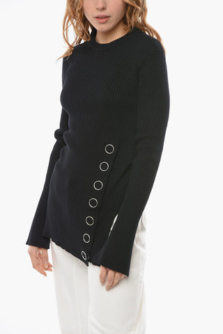 Maglia in Lino e Lana a Costine con Bottoni Metallici Laterali