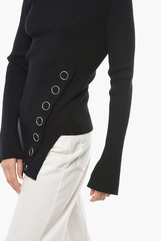 Maglia in Lino e Lana a Costine con Bottoni Metallici Laterali
