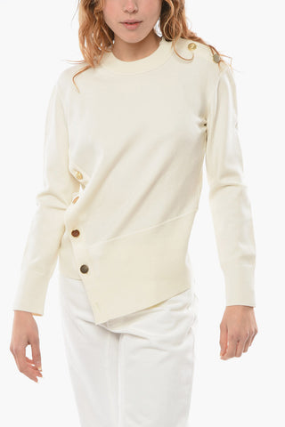 Asymmetric Crew-neck Sweatshirt with Ivory Buttons Detailing