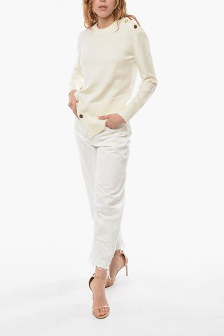 Asymmetric Crew-neck Sweatshirt with Ivory Buttons Detailing