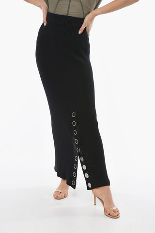 Wool and Linen Ribbed Pencil Skirt with Side Buttons