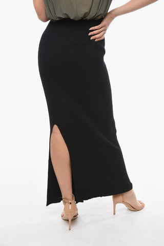 Wool and Linen Ribbed Pencil Skirt with Side Buttons