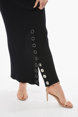 Wool and Linen Ribbed Pencil Skirt with Side Buttons