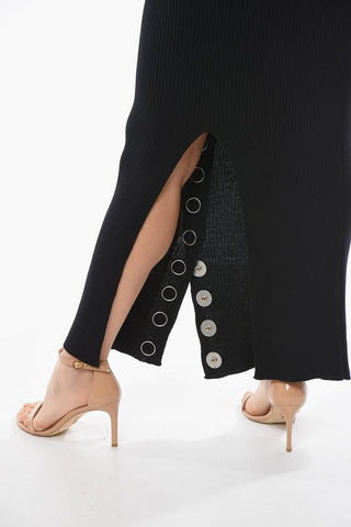 Wool and Linen Ribbed Pencil Skirt with Side Buttons