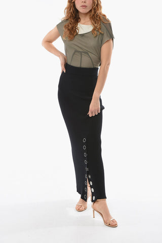 Wool and Linen Ribbed Pencil Skirt with Side Buttons