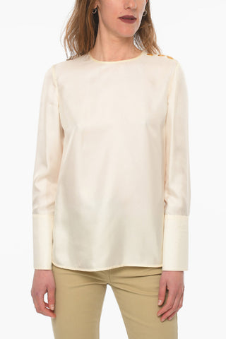 Blusa In Seta Girocollo Con Dettaglio Bottoni