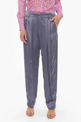 Pantaloni Svasati a Doppia Pince in Satin Vita Alta