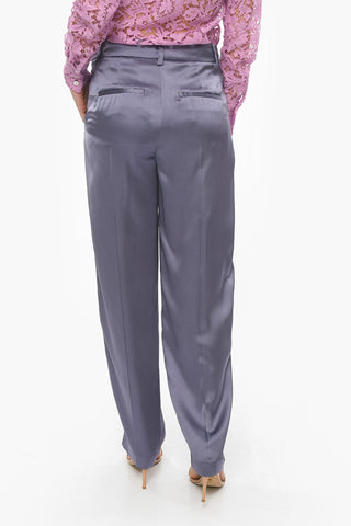 Pantaloni Svasati a Doppia Pince in Satin Vita Alta