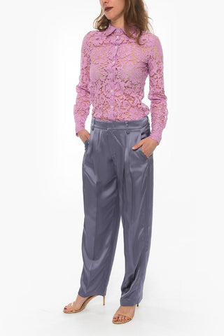 Pantaloni Svasati a Doppia Pince in Satin Vita Alta