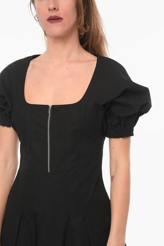 WHITE LABEL Vestito Corto Svasato in Lino e Cotone con Maniche a Sbuffo