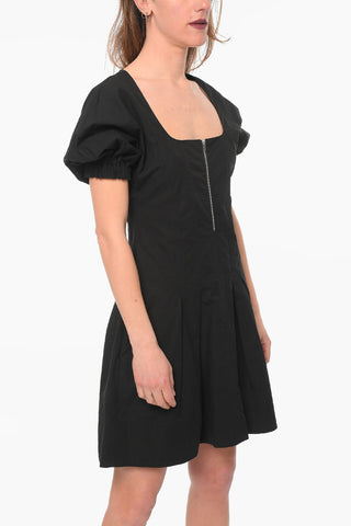 WHITE LABEL Vestito Corto Svasato in Lino e Cotone con Maniche a Sbuffo