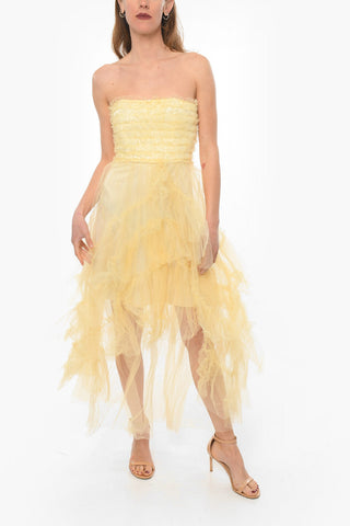 Vestito Senza Spalline in Tulle a Balze